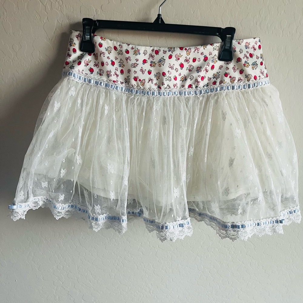 Rare Satin Strawberry Pattern Lace Tulle Floral Skort Festival Coquette Size Med